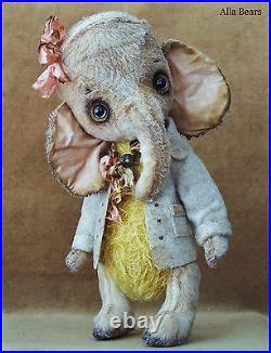 Alla Bears artist Old Vintage Elephant art doll toy baby girl pink yellow rose