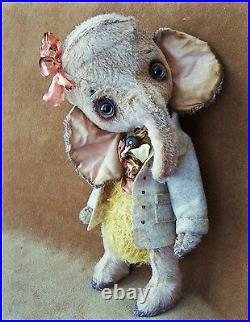 Alla Bears artist Old Vintage Elephant art doll toy baby girl pink yellow rose