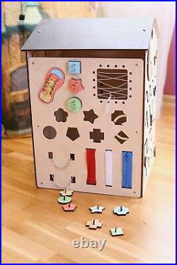 Busy board house for kids, girl & boy. Educational wooden busy cube. Montrssori toy