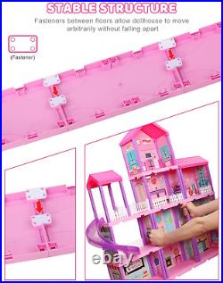 Doll House, Dollhouse With Furniture Pink / Purple Girl Toys 4 Stories, 11 Roo