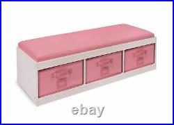 Girls Pink White Wooden Storage Bench Toy Box Home Organizer 3 Bins Cushion Seat