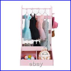 Girls' Storage Closet with Light & Mirror Kids Clothing Rack with Bin for Toys