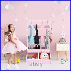 Girls' Storage Closet with Light & Mirror Kids Clothing Rack with Bin for Toys