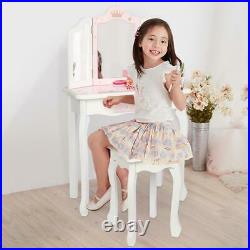 Girls Vanity Makeup Kids Dressing Table Set withStool Drawer & Mirror Jewelry Wood