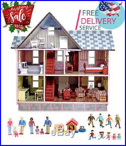 Hand-Painted Dollhouse with furniture, Family Members, Pets, Toys Boys & Girls