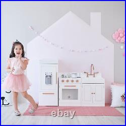 Kids Play Kitchen Large Wooden Toy Cooking Roleplay White Rose Gold Ice Maker