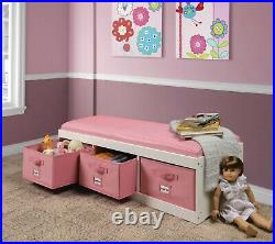 Kids Toys Organizer Storage Padded Bench 3 Bins Toy Box Pink Chest Wooden Trunk