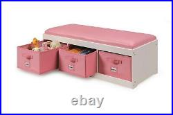 Kids Toys Organizer Storage Padded Bench 3 Bins Toy Box Pink Chest Wooden Trunk