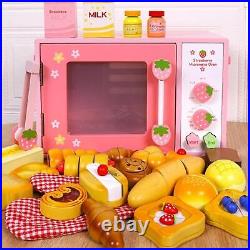 Kids Wooden Microwave Oven Toys with Bread Food Toys for Girls Boys Toddlers