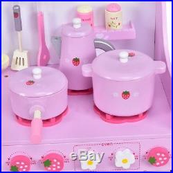 Pink Kids Wooden Kitchen Toy Strawberry Pretend Cooking Playset for Girls Gift