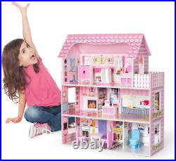 ROBUD Wooden Dollhouse with Furniture, Pretend Play Doll House Toys for Kids, Gi