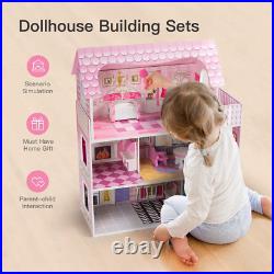 ROBUD Wooden Dollhouse with Furniture, Pretend Play Doll House Toys for Kids, Gi