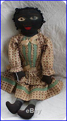 Rare Primitive Antique Pair Girl Black Cloth Dolls Folk Art Country Toys Vintage