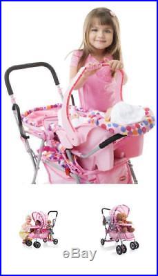 Toy Doll Stroller Deluxe Pink Car Seat Carrier Kids Gift For Toddlers Girls Fun