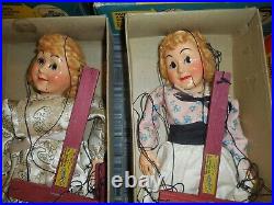 VINTAGE HAZELLES MARIONETTE PUPPET DOLL LOT OF 4 TALKING With BOXES BOY GIRL NR