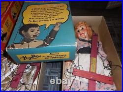 VINTAGE HAZELLES MARIONETTE PUPPET DOLL LOT OF 4 TALKING With BOXES BOY GIRL NR