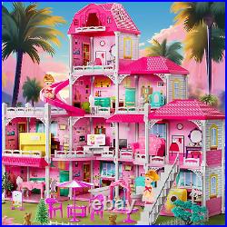 Villa Girls Toys Dreamhouse, 4-Story 11 Big Rooms Doll House with 4 Dolls Toy Nw