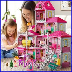 Villa Girls Toys Dreamhouse, 4-Story 11 Big Rooms Doll House with 4 Dolls Toy Nw