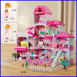 Villa Girls Toys Dreamhouse, 4-Story 11 Big Rooms Doll House with 4 Dolls Toy Nw