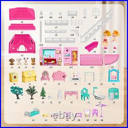 Villa Girls Toys Dreamhouse, 4-Story 11 Big Rooms Doll House with 4 Dolls Toy Nw