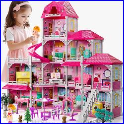 Villa Girls Toys Dreamhouse, 4-Story 11 Big Rooms Doll House with 4 Dolls Toy Nw