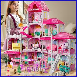 Villa Girls Toys Dreamhouse, 4-Story 11 Big Rooms Doll House with 4 Dolls Toy Nw