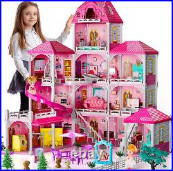 Villa Girls Toys Dreamhouse, 4-Story 11 Large Rooms Doll House with 4 Dolls Toy