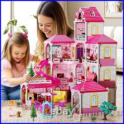 Villa Girls Toys Dreamhouse, 4-Story 11 Large Rooms Doll House with 4 Dolls Toy