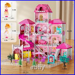 Villa Girls Toys Dreamhouse, 4-Story 11 Large Rooms Doll House with 4 Dolls Toy