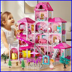 Villa Girls Toys Dreamhouse, 4-Story 11 Large Rooms Doll House with 4 Dolls Toy