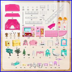 Villa Girls Toys Dreamhouse, 4-Story 11 Large Rooms Doll House with 4 Dolls Toy