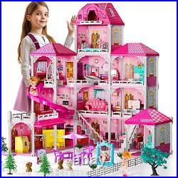 Villa Girls Toys Dreamhouse, 4-Story 11 Large Rooms Doll House with 4 Dolls Toy