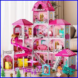 Villa Girls Toys Dreamhouse, 4-Story 11 Large Rooms Doll House with 4 Dolls Toy