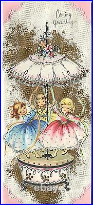 Vintage Cute Pretty Girls May Pole Caroursel 1 Christmas Toy Shop Art Card