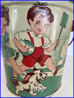 Vintage Tin Litho Sand Pail Bucket, Girl & Boy With Dog Playing