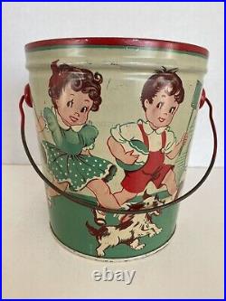 Vintage Tin Litho Sand Pail Bucket, Girl & Boy With Dog Playing