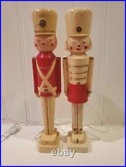 Vintage christmas toy soldier, boy and girl hard blow mold light up