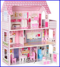 Wooden Dollhouse Furniture Doll House Toys for Kids Xmas Gift Little Girls Pink