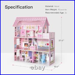 Wooden Dollhouse Furniture Doll House Toys for Kids Xmas Gift Little Girls Pink