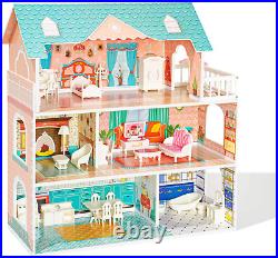 Wooden Dollhouse Modern Furniture Toy Doll House for Kids Xmas Gift Little Girls