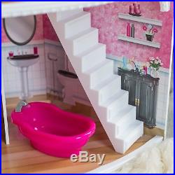 Wooden Dollhouse for Girls Pink Wood Doll House Set Toy with Furniture Kids Play