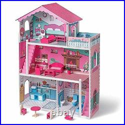 Wooden Dollhouse with Furniture 3-Storey 4-Rooms 3.8ft Tall Pretend Play Toy