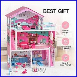 Wooden Dollhouse with Furniture 3-Storey 4-Rooms 3.8ft Tall Pretend Play Toy