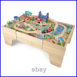 Wooden Train Table & City, Reversible with Drawer, Kids Toy Train Set 80Pcs