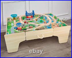 Wooden Train Table & City, Reversible with Drawer, Kids Toy Train Set 80Pcs